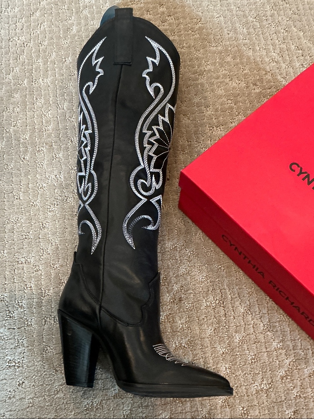 Cynthia Richards Black Embroidered Knee-High Heeled Western Boot